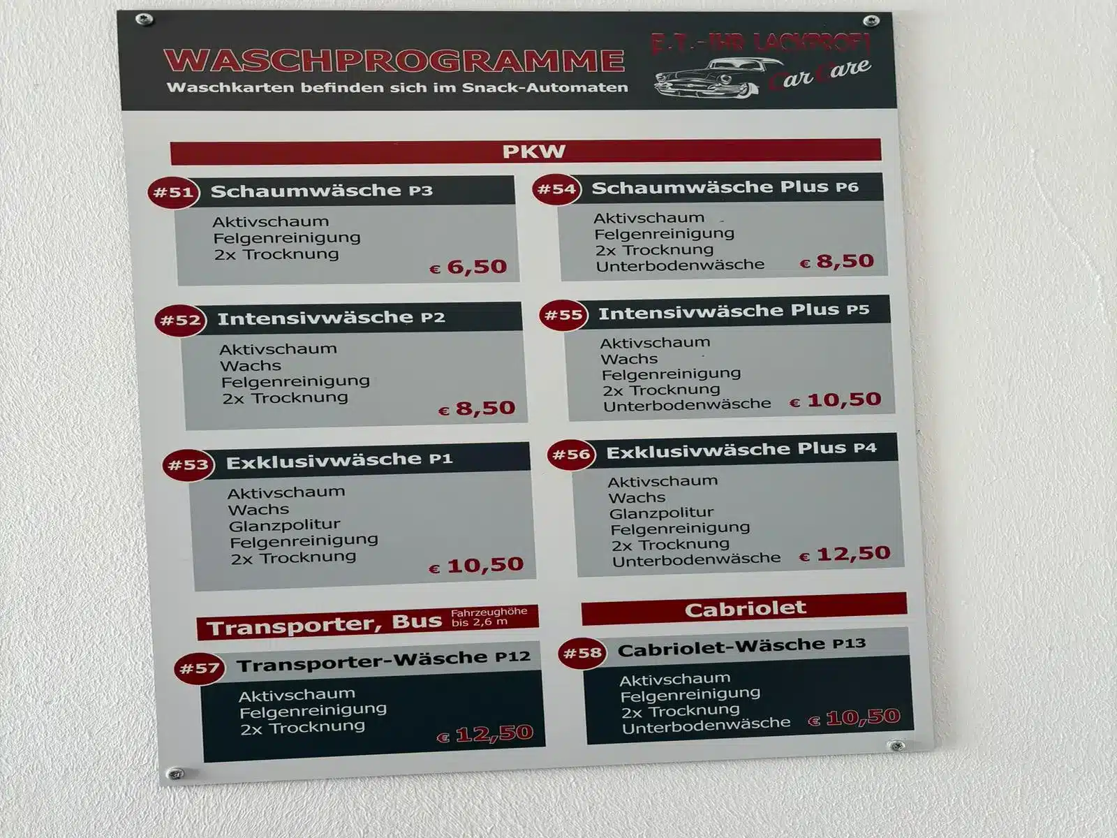 Preise von unseren Waschprogrammen Preise von unseren Waschprogrammen
